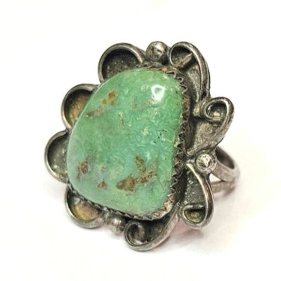 Vintage Navajo Sterling Turquoise Statement Ring Green Matrix - Picture 2 of 6